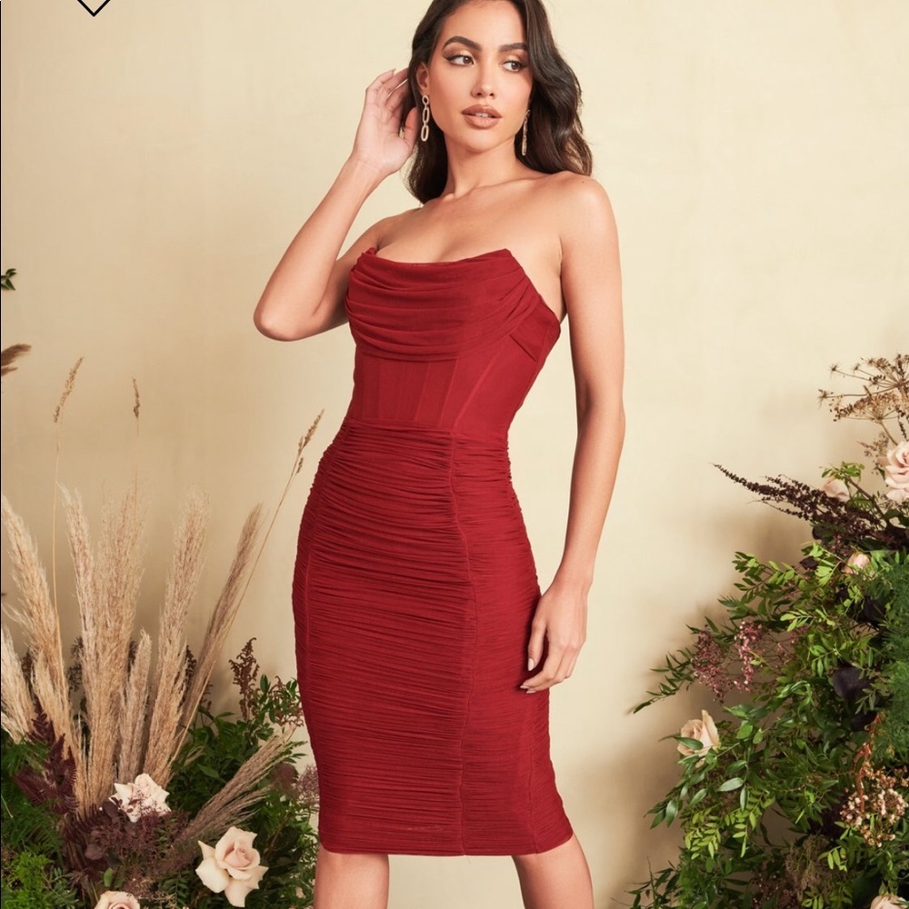 Gorgeous Lavish Alice Mesh corset midi dress in burgundy